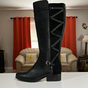 Adrienne Vittadini Black Lace Back Leather Boots Tall Women’s Size 10 Ridding